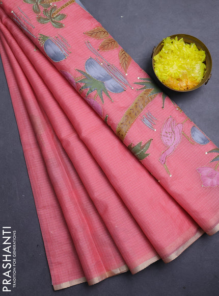 Kota saree peach shade with allover hand paints & kantha stitch work and zari woven piping border