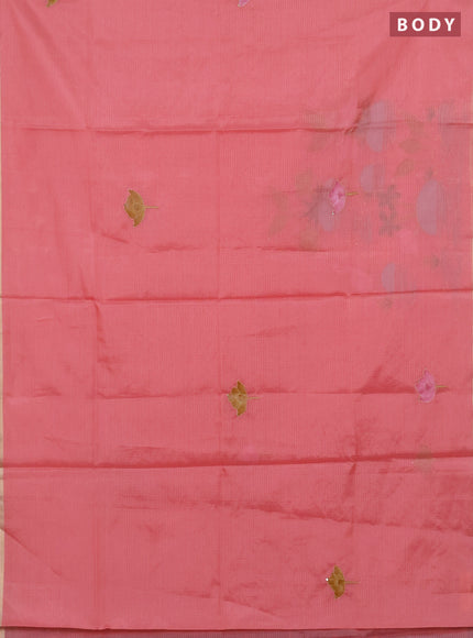 Kota saree peach shade with allover hand paints & kantha stitch work and zari woven piping border
