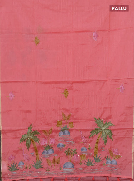Kota saree peach shade with allover hand paints & kantha stitch work and zari woven piping border