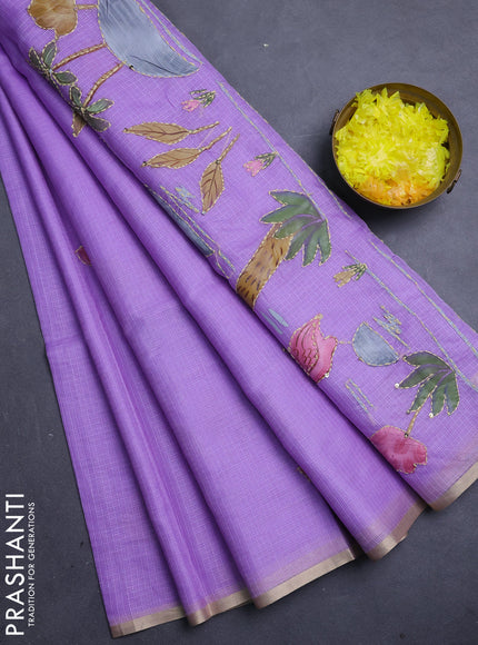 Kota saree lavender with allover hand paints & kantha stitch work and zari woven piping border