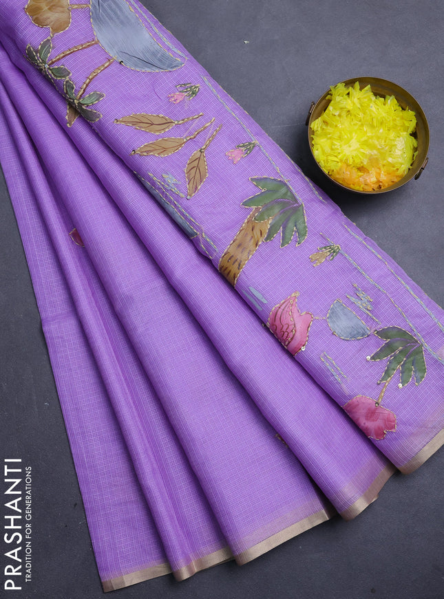 Kota saree lavender with allover hand paints & kantha stitch work and zari woven piping border