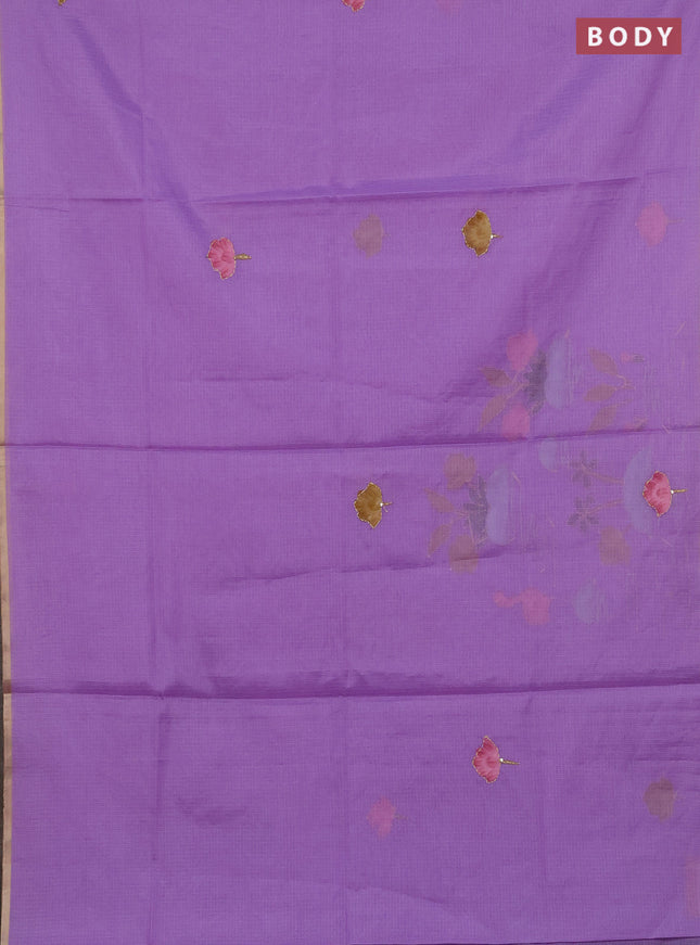 Kota saree lavender with allover hand paints & kantha stitch work and zari woven piping border