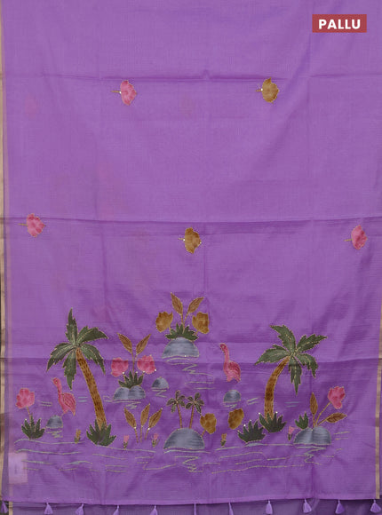 Kota saree lavender with allover hand paints & kantha stitch work and zari woven piping border