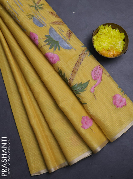 Kota saree yellow with allover hand paints & kantha stitch work and zari woven piping border