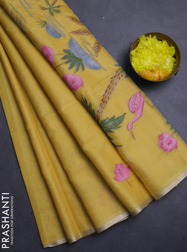 Kota saree yellow with allover hand paints & kantha stitch work and zari woven piping border