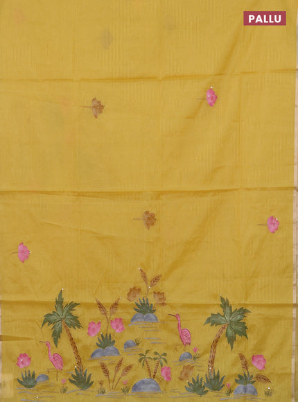 Kota saree yellow with allover hand paints & kantha stitch work and zari woven piping border