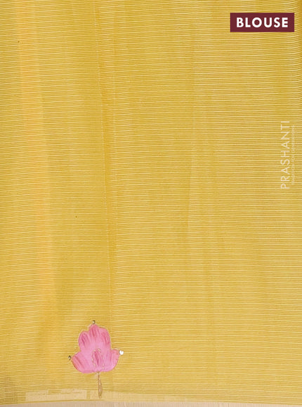 Kota saree yellow with allover hand paints & kantha stitch work and zari woven piping border