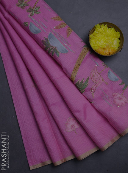 Kota saree pink with allover hand paints & kantha stitch work and zari woven piping border