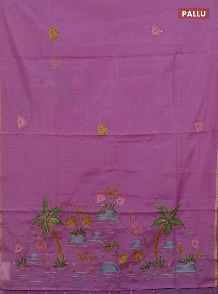 Kota saree pink with allover hand paints & kantha stitch work and zari woven piping border