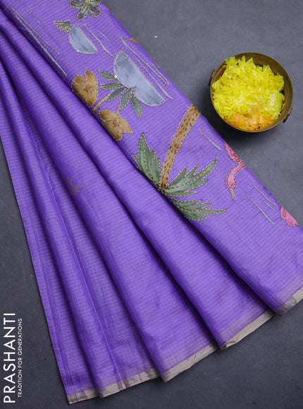 Kota saree lavender with allover hand paints & kantha stitch work and zari woven piping border