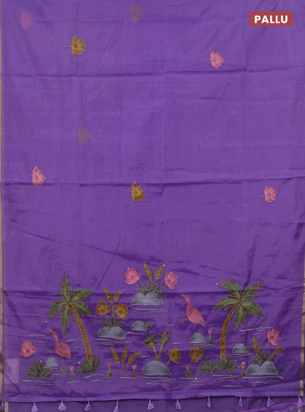 Kota saree lavender with allover hand paints & kantha stitch work and zari woven piping border