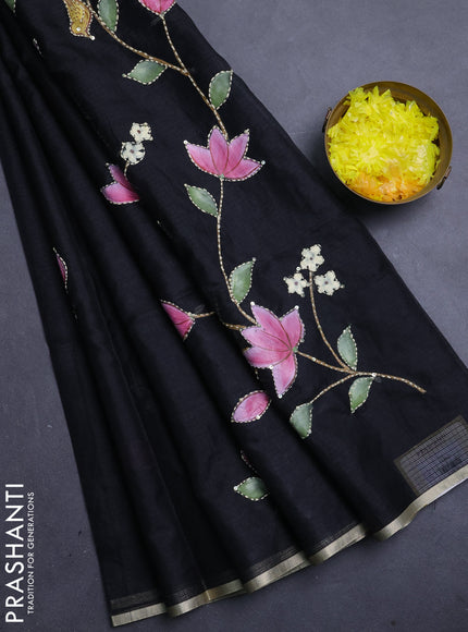 Kota saree black with allover hand paints & kantha stitch work and zari woven piping border