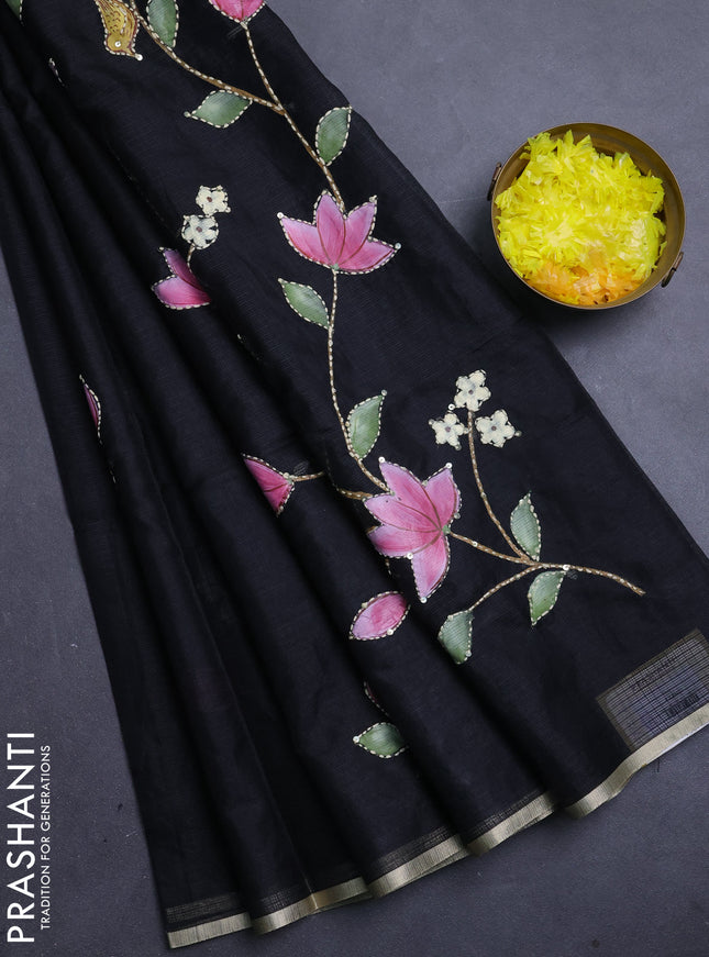Kota saree black with allover hand paints & kantha stitch work and zari woven piping border