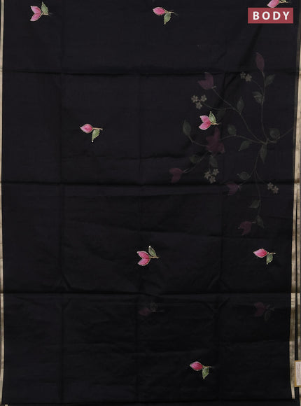 Kota saree black with allover hand paints & kantha stitch work and zari woven piping border