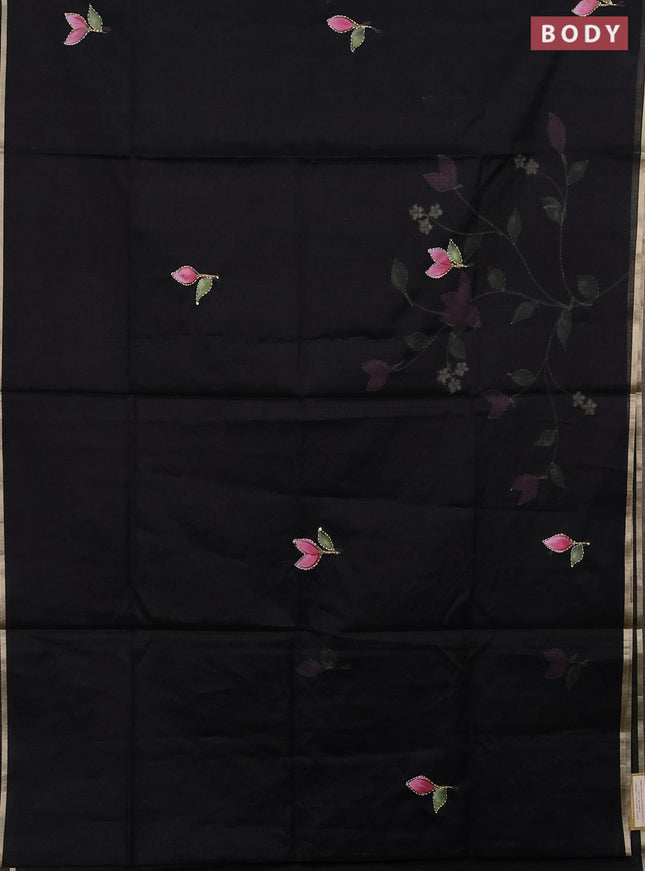 Kota saree black with allover hand paints & kantha stitch work and zari woven piping border