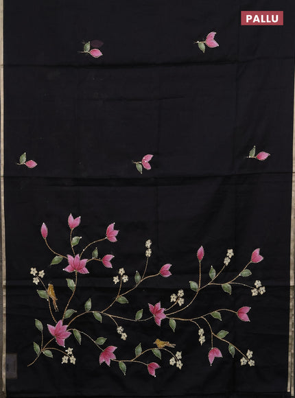 Kota saree black with allover hand paints & kantha stitch work and zari woven piping border