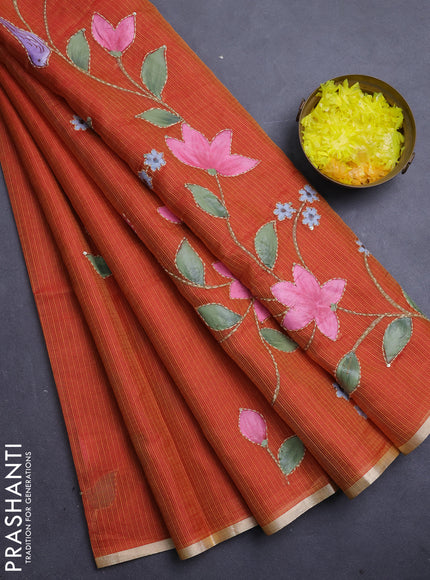 Kota saree orange with allover hand paints & kantha stitch work and zari woven piping border