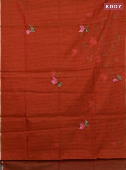 Kota saree orange with allover hand paints & kantha stitch work and zari woven piping border