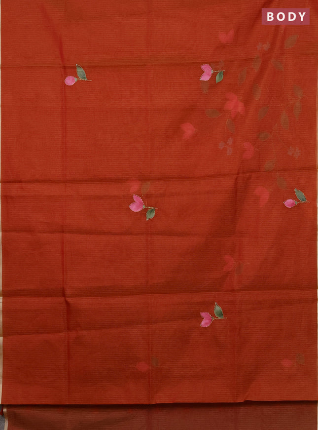 Kota saree orange with allover hand paints & kantha stitch work and zari woven piping border