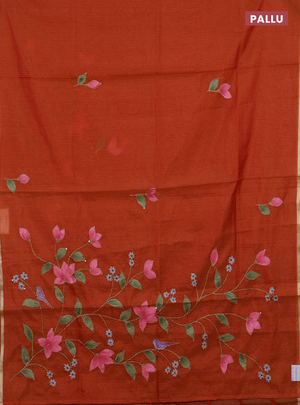 Kota saree orange with allover hand paints & kantha stitch work and zari woven piping border