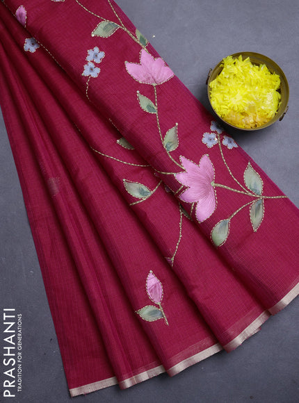 kota saree dark pink with allover hand paints & kantha stitch work and zari woven piping border