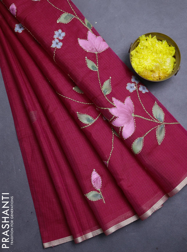 kota saree dark pink with allover hand paints & kantha stitch work and zari woven piping border