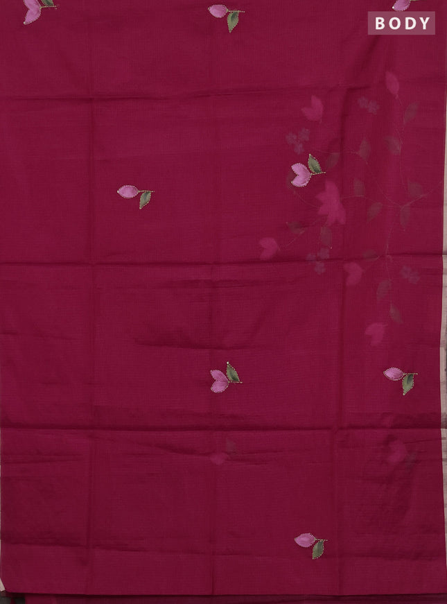 kota saree dark pink with allover hand paints & kantha stitch work and zari woven piping border
