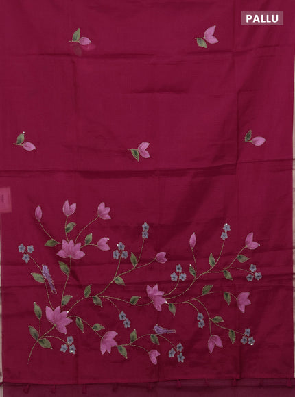 kota saree dark pink with allover hand paints & kantha stitch work and zari woven piping border