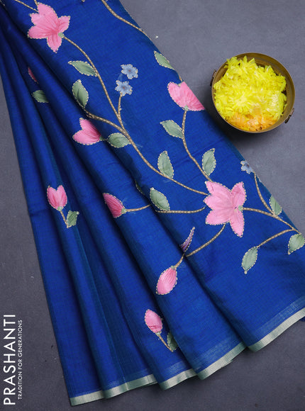 kota saree teal blue with allover hand paints & kantha stitch work and zari woven piping border
