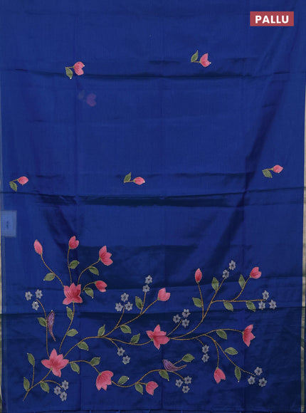 kota saree teal blue with allover hand paints & kantha stitch work and zari woven piping border