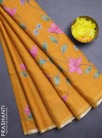 kota saree mustard shade with allover hand paints & kantha stitch work and zari woven piping border