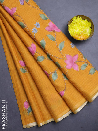 kota saree mustard shade with allover hand paints & kantha stitch work and zari woven piping border