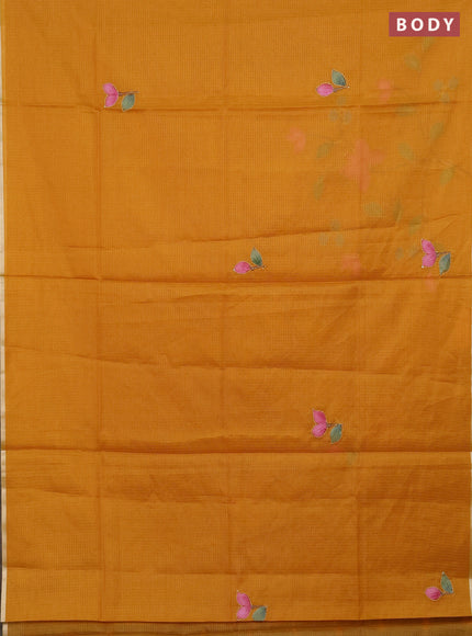 kota saree mustard shade with allover hand paints & kantha stitch work and zari woven piping border