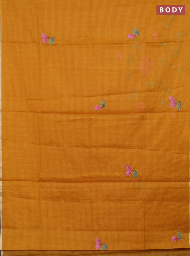 kota saree mustard shade with allover hand paints & kantha stitch work and zari woven piping border