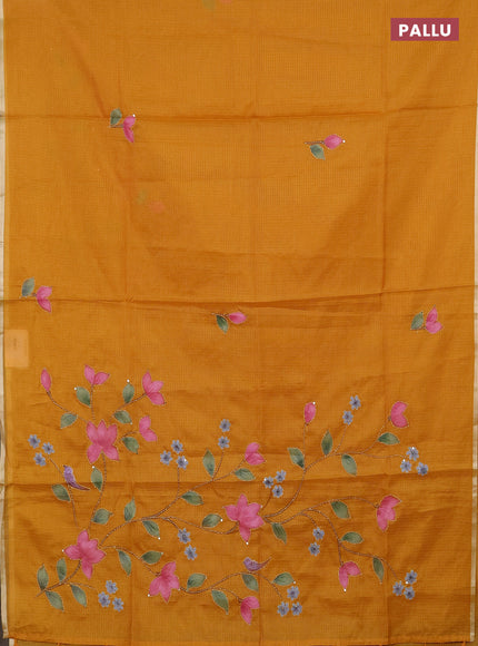 kota saree mustard shade with allover hand paints & kantha stitch work and zari woven piping border