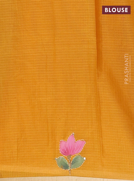 kota saree mustard shade with allover hand paints & kantha stitch work and zari woven piping border