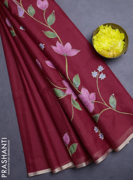 kota saree red with allover hand paints & kantha stitch work and zari woven piping border