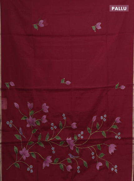 kota saree red with allover hand paints & kantha stitch work and zari woven piping border