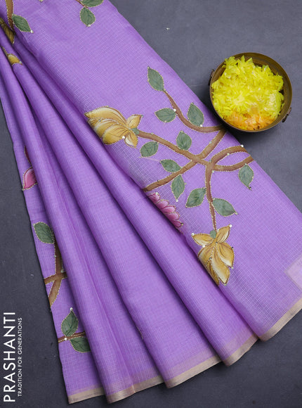 Kota saree lavender with allover hand paints & kantha stitch work and zari woven piping border