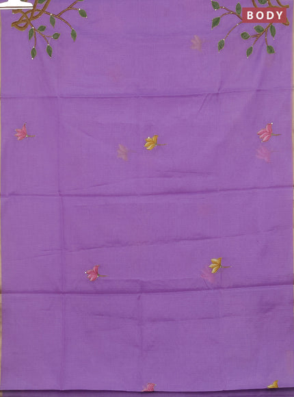 Kota saree lavender with allover hand paints & kantha stitch work and zari woven piping border