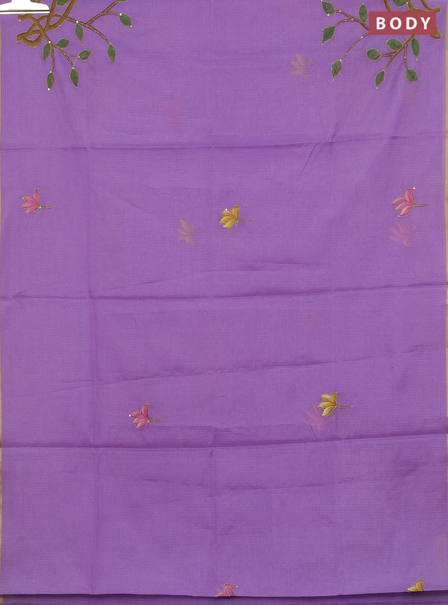 Kota saree lavender with allover hand paints & kantha stitch work and zari woven piping border