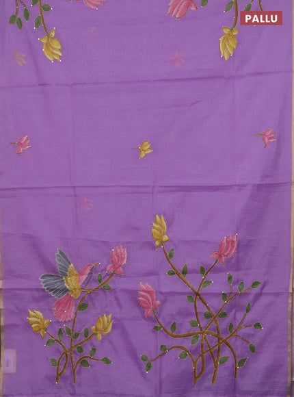 Kota saree lavender with allover hand paints & kantha stitch work and zari woven piping border