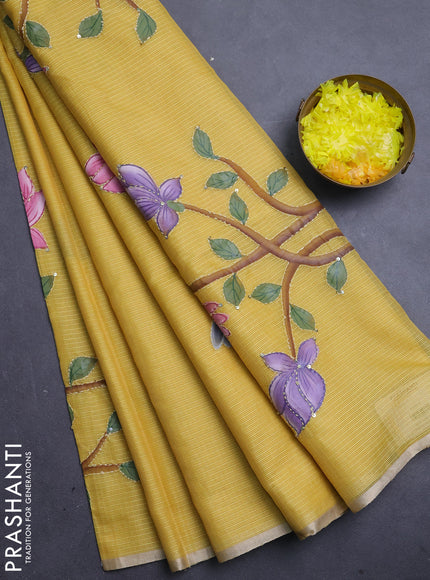 Kota saree yellow with allover hand paints & kantha stitch work and zari woven piping border