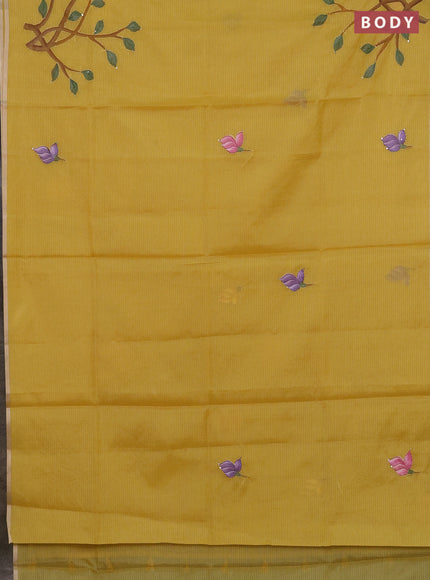 Kota saree yellow with allover hand paints & kantha stitch work and zari woven piping border