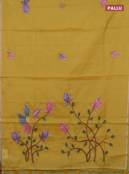 Kota saree yellow with allover hand paints & kantha stitch work and zari woven piping border