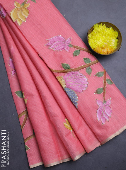 Kota saree peach shade with allover hand paints & kantha stitch work and zari woven piping border