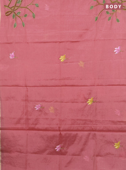 Kota saree peach shade with allover hand paints & kantha stitch work and zari woven piping border