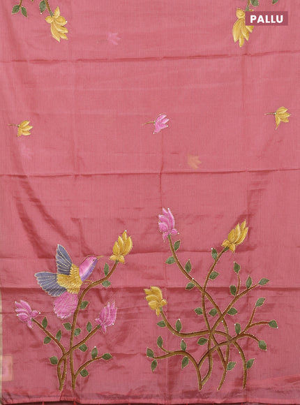 Kota saree peach shade with allover hand paints & kantha stitch work and zari woven piping border