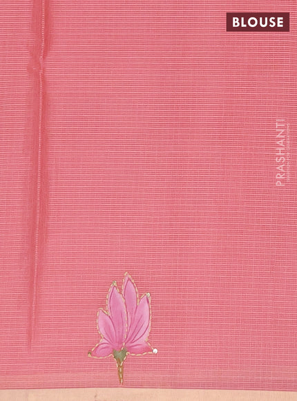 Kota saree peach shade with allover hand paints & kantha stitch work and zari woven piping border