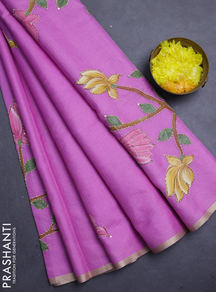 Kota saree purple shade with allover hand paints & kantha stitch work and zari woven piping border